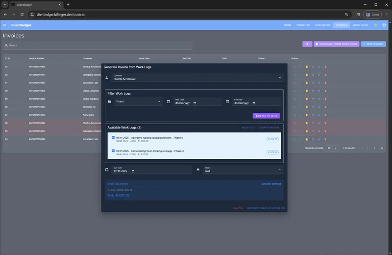 Screenshot: One-Click Rechnungserstellung