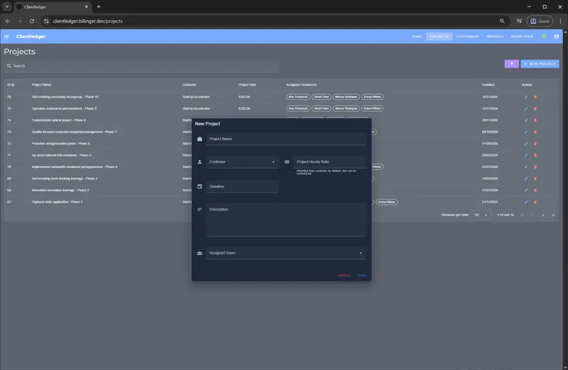 Screenshot: Projekt- und Kundenverwaltung