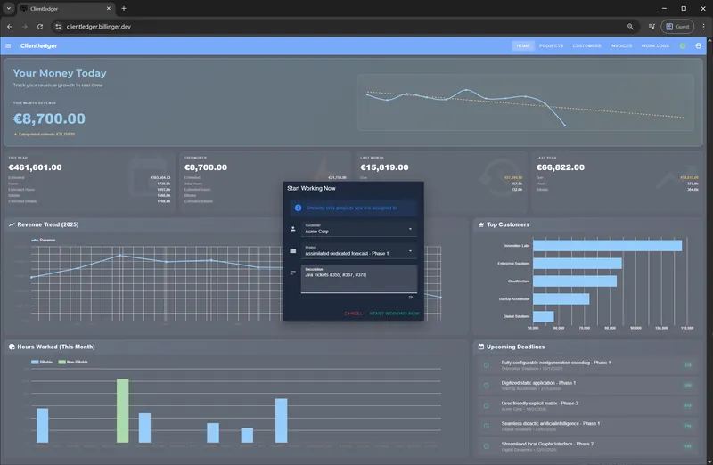 Screenshot: Echtzeit-Zeiterfassung mit Timer