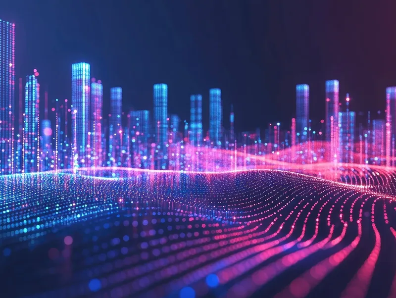 Digitales Landschaftsbild mit Stadt im Hintergrund und wellenförmigen Linien als Symbol für ein vernetztes System
