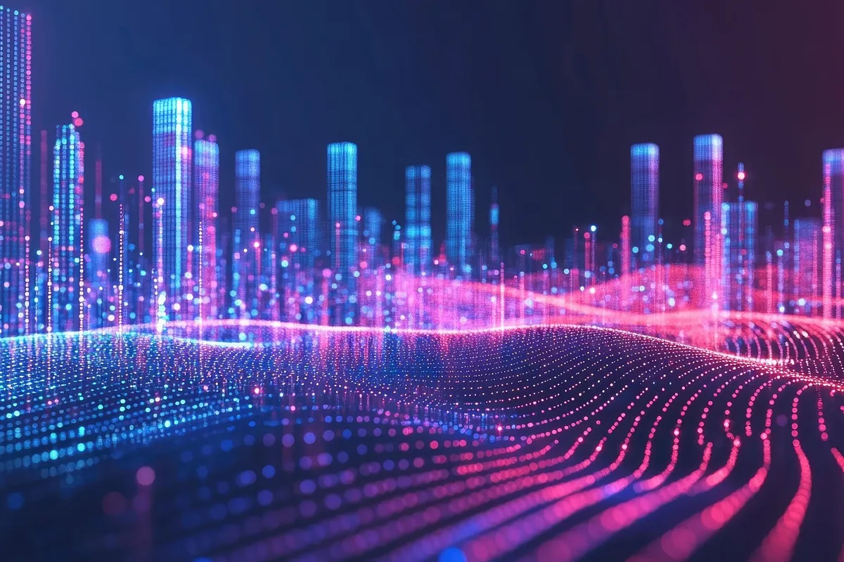 Digitales Landschaftsbild mit Stadt im Hintergrund und wellenförmigen Linien als Symbol für ein vernetztes System